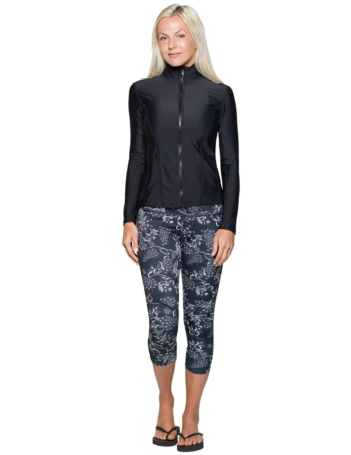 Women's  Long Sleeve Zip Swim Jacket (Regular & Plus Size) - Black