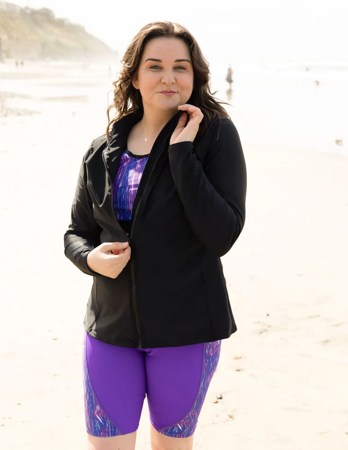 Women's  Long Sleeve Zip Swim Jacket (Regular & Plus Size) - Black