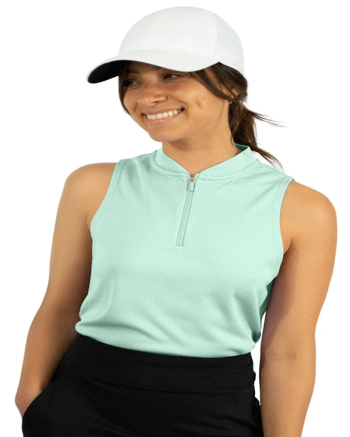 Women's Sleeveless Collarless Golf Polo with Zipper