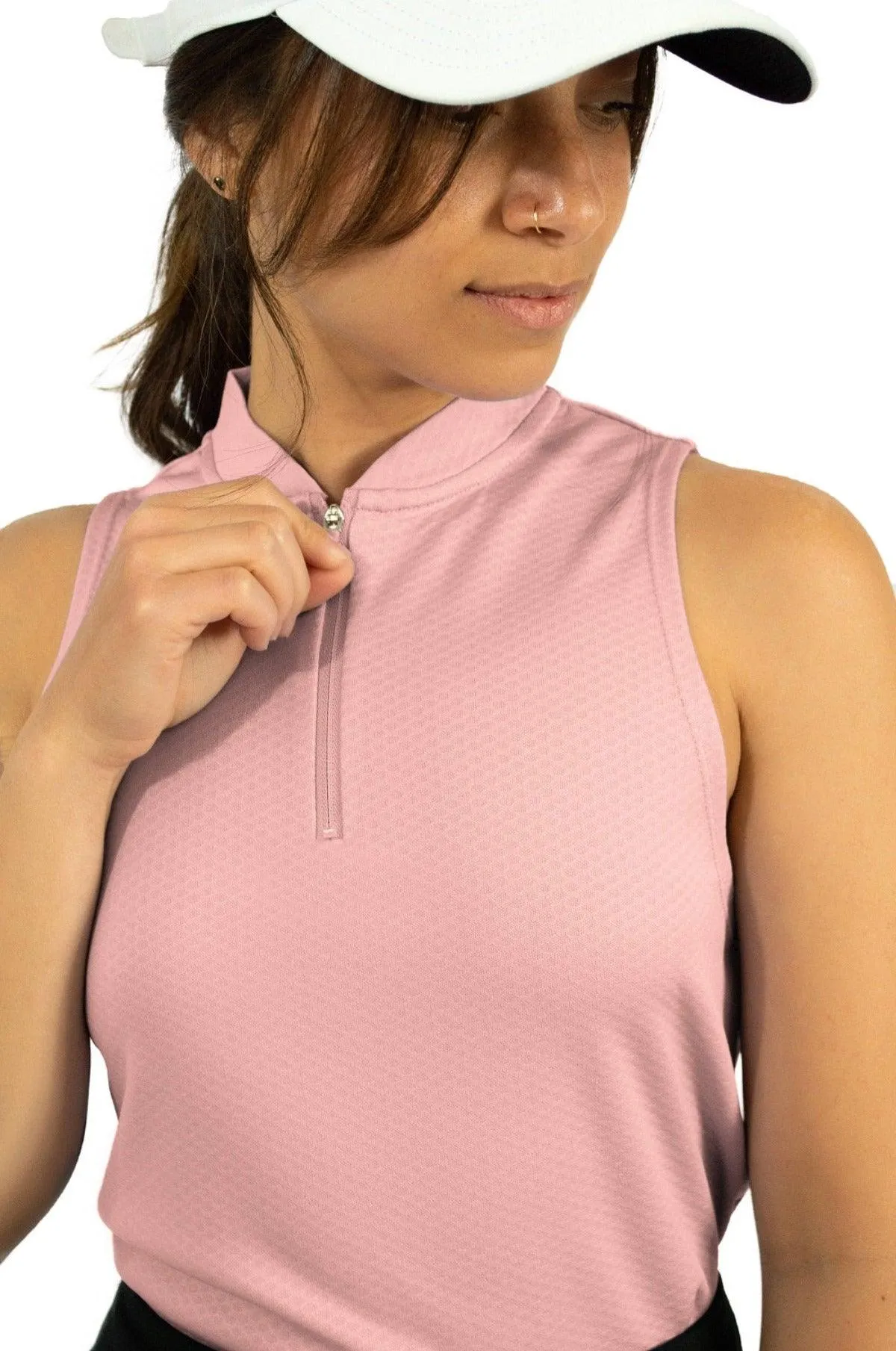 Women's Sleeveless Collarless Golf Polo with Zipper