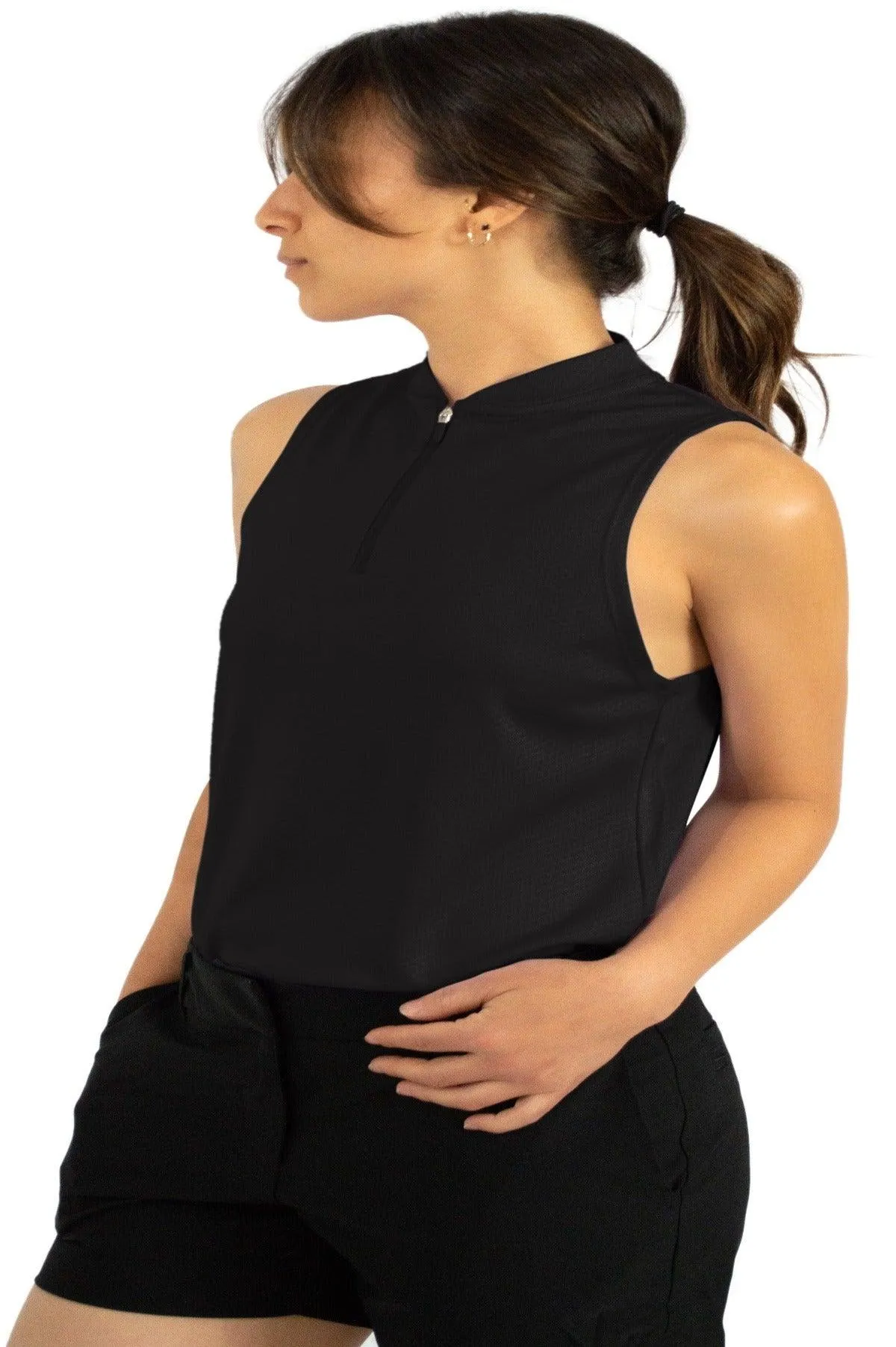 Women's Sleeveless Collarless Golf Polo with Zipper