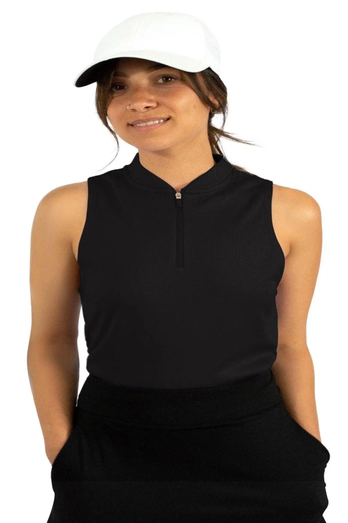 Women's Sleeveless Collarless Golf Polo with Zipper