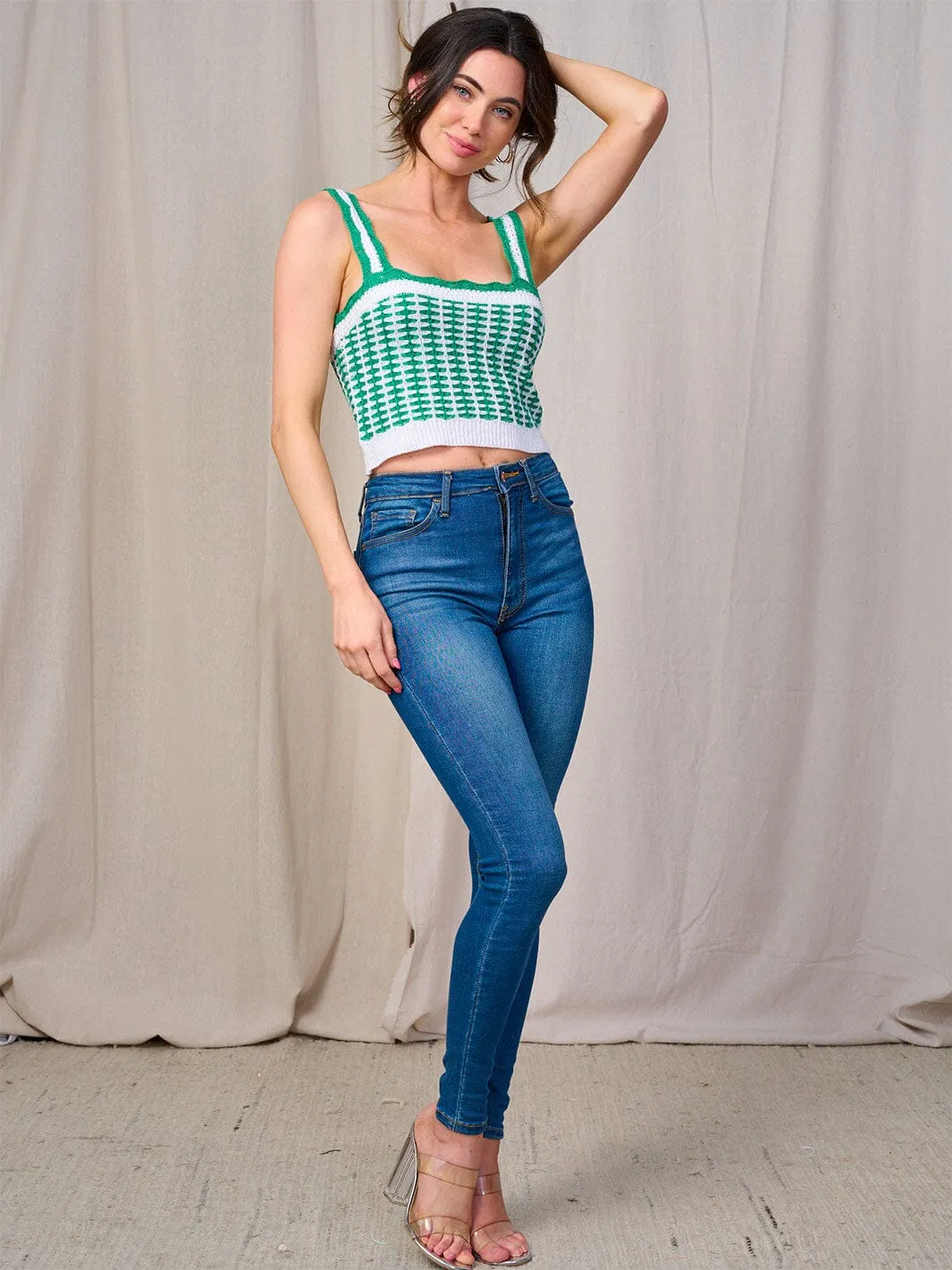 WOMEN'S SLEEVELESS COLORBLOCK CROCHET TANK TOP