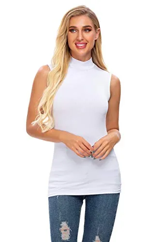Women's Summer Sleeveless Mock Turtleneck Top Stretch Soft Slim Fit T Shirt White