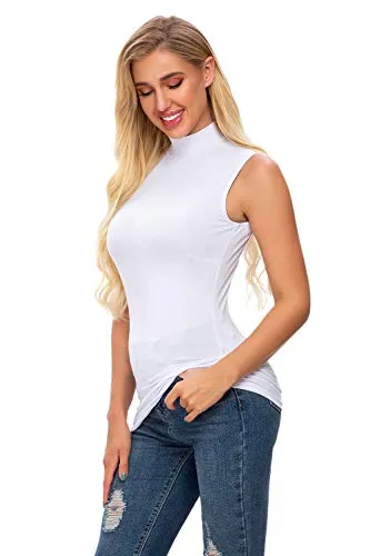 Women's Summer Sleeveless Mock Turtleneck Top Stretch Soft Slim Fit T Shirt White