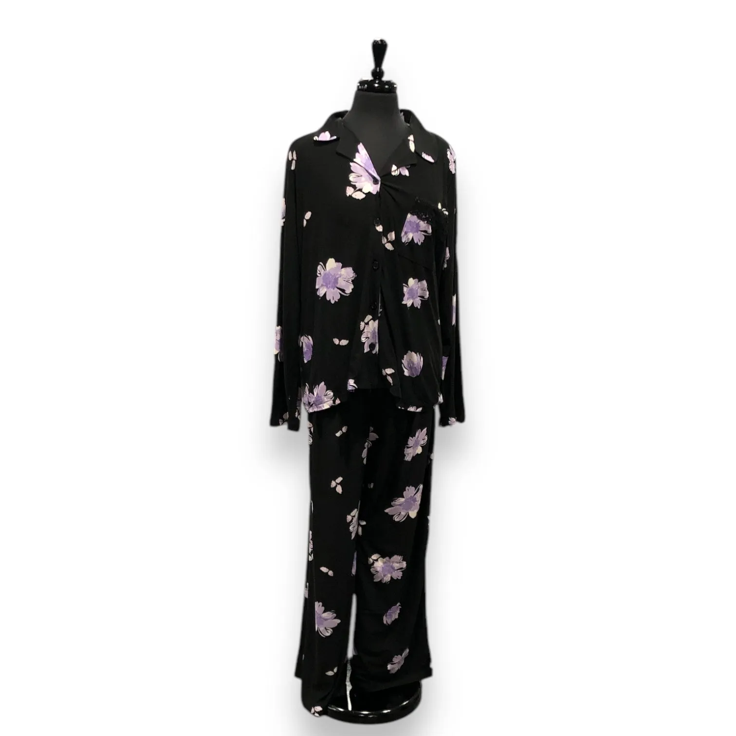 Women's Two Piece Notched Collar Peached Jersey Knit PJ Set with Lace Trim & Satin Bow