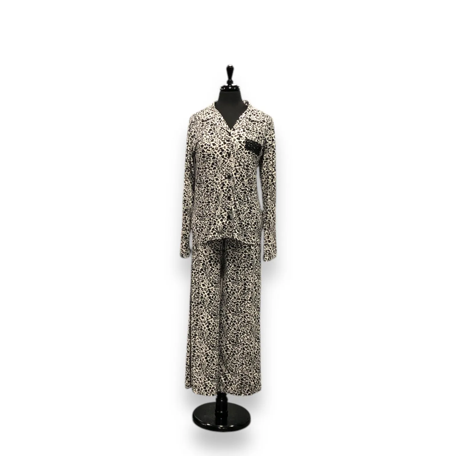 Women's Two Piece Notched Collar Peached Jersey Knit PJ Set with Lace Trim & Satin Bow