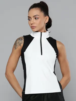 Women's White & Black Colorblocked Slim Fit Tennis T-shirt