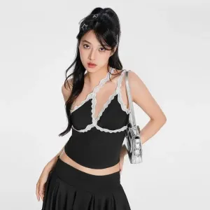 Y2K Sexy Lace Detail Short Top for Women in Summer Polyester