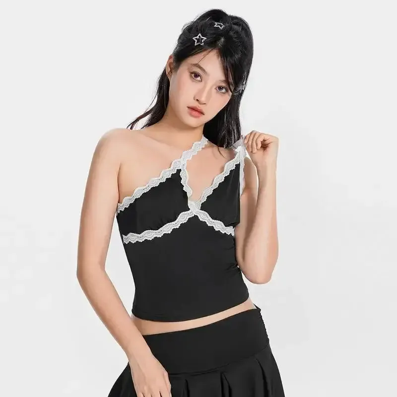 Y2K Sexy Lace Detail Short Top for Women in Summer Polyester