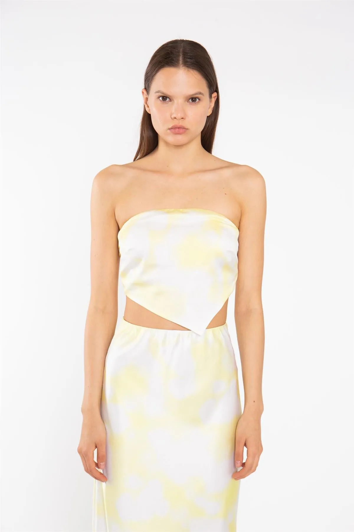 Yellow Print-Satin Bandanna-Scarf Crop-Top